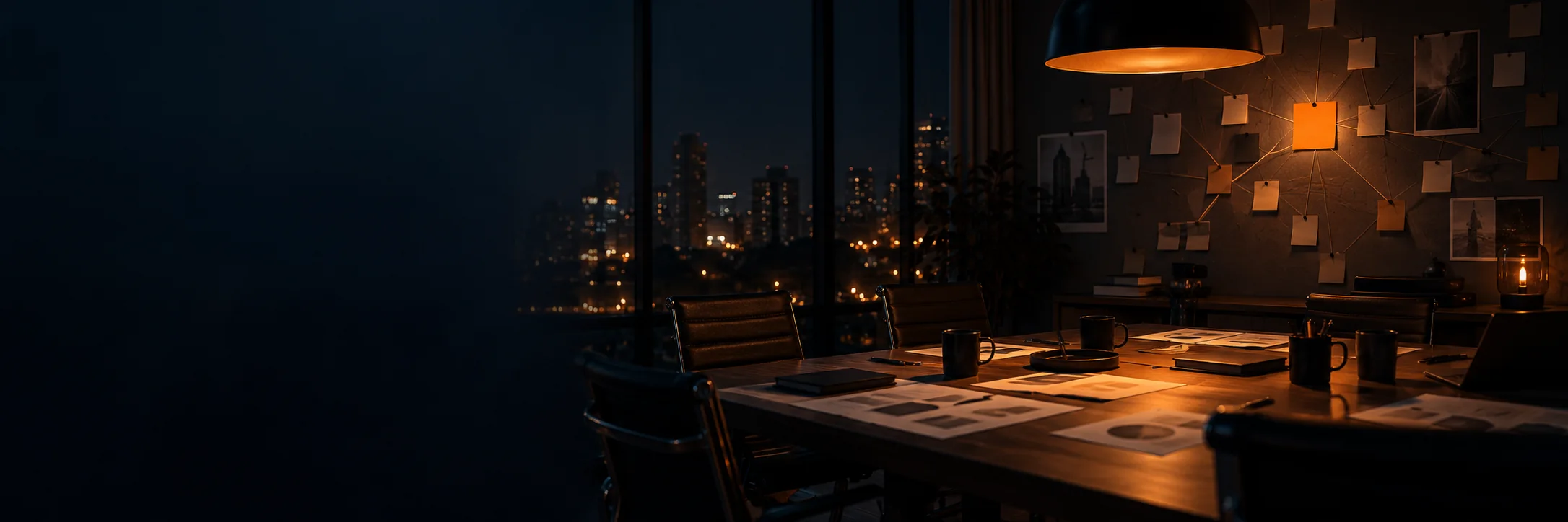 Sala de reunião à noite, com folhas e notas adesivas na parede sob a luz de um pendente e a cidade acesa pela janela.