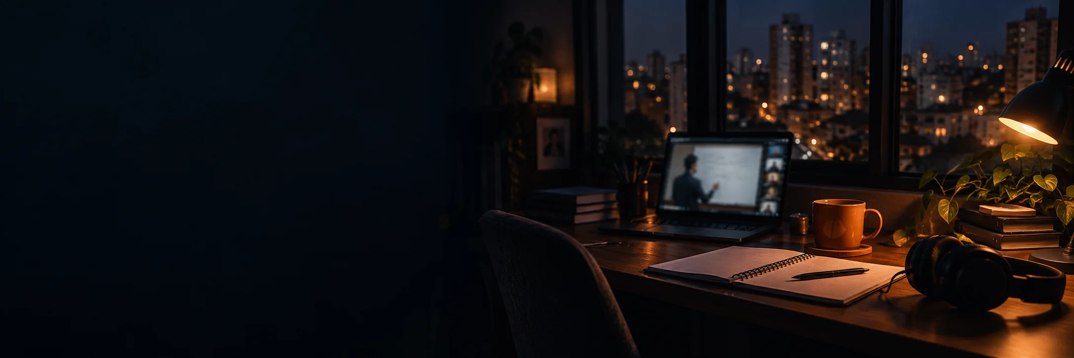 Una scrivania di notte con una videolezione sul portatile, un quaderno aperto e le cuffie.