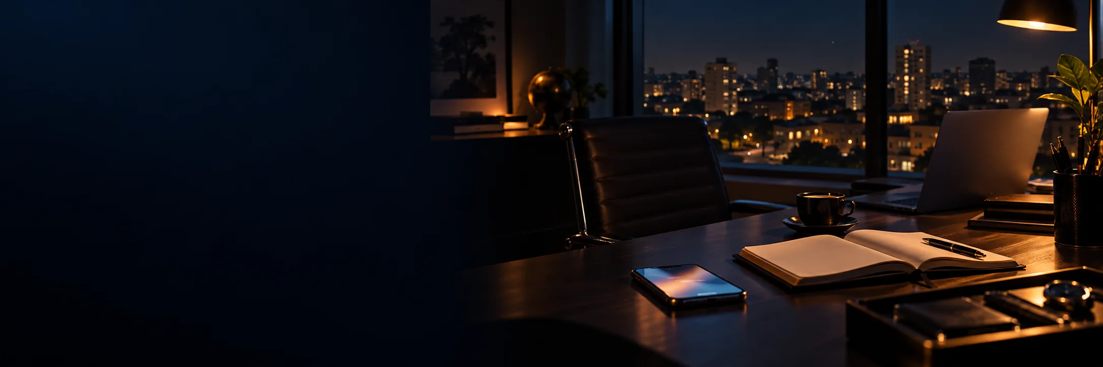 La scrivania di un dirigente di notte, con lo smartphone, l’agenda aperta e la città illuminata oltre la finestra.