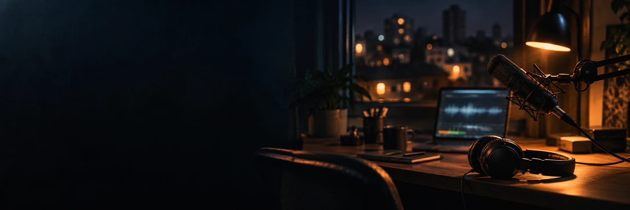 Una scrivania di notte con microfono, cuffie e la forma d’onda dell’audio sullo schermo del portatile.