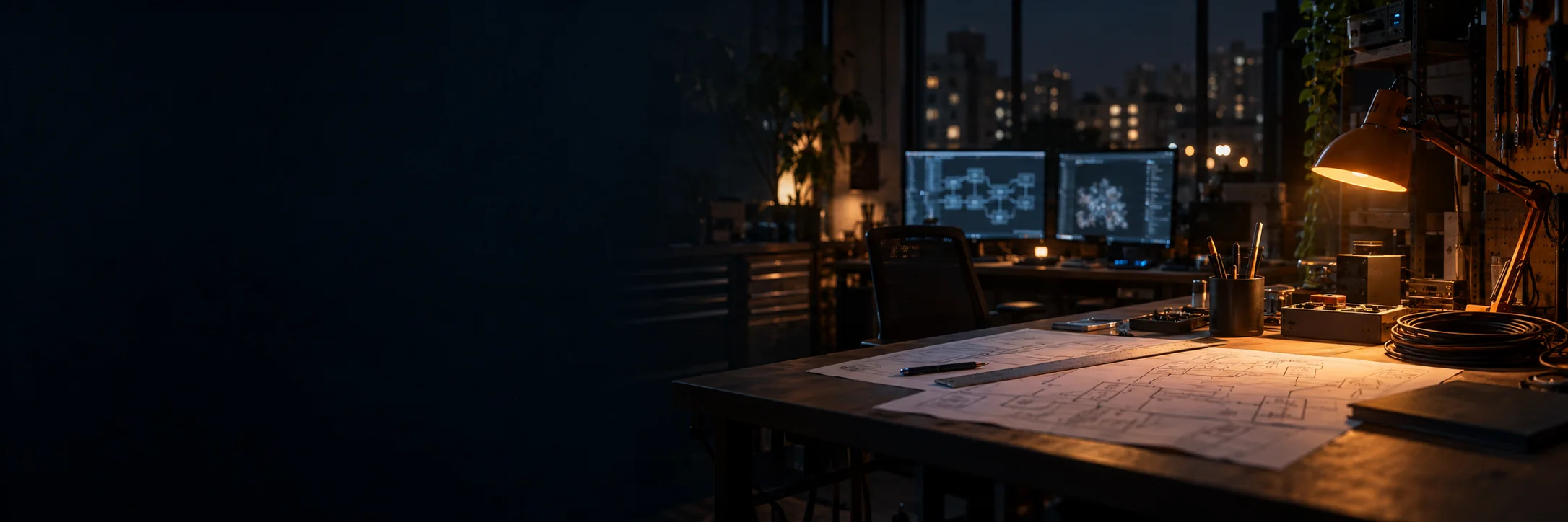 Bancada de trabalho à noite, com diagramas de arquitetura impressos sob uma luminária e dois monitores acesos ao fundo.