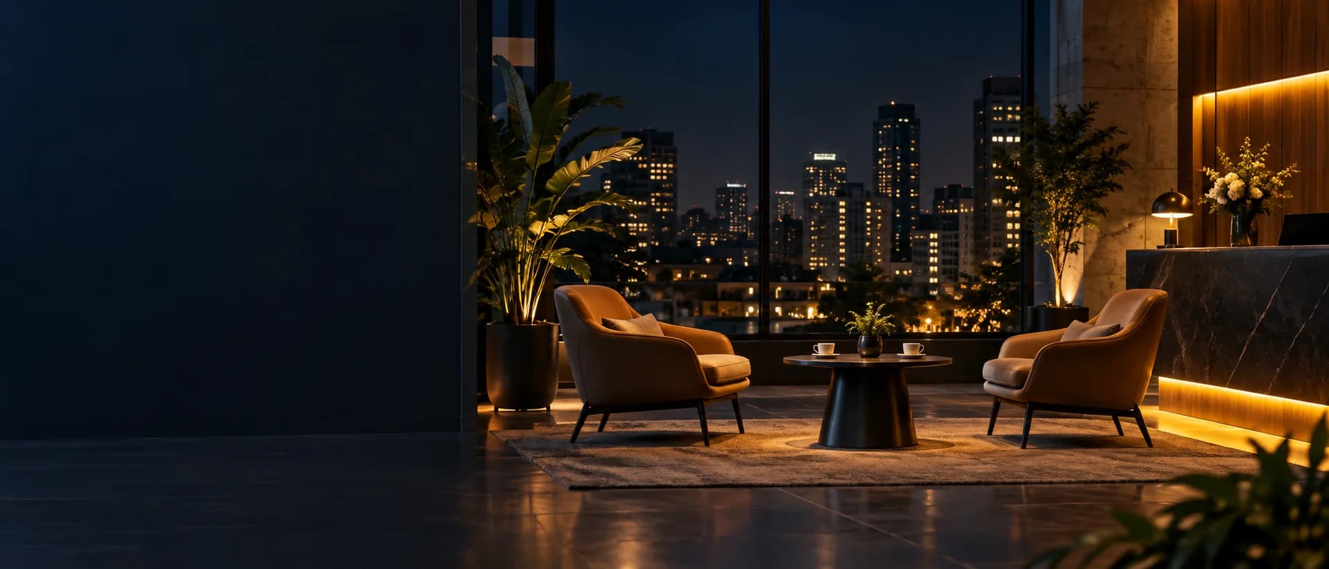 An office reception at night, lights on, two armchairs and two coffees on a low table, the city in the window.