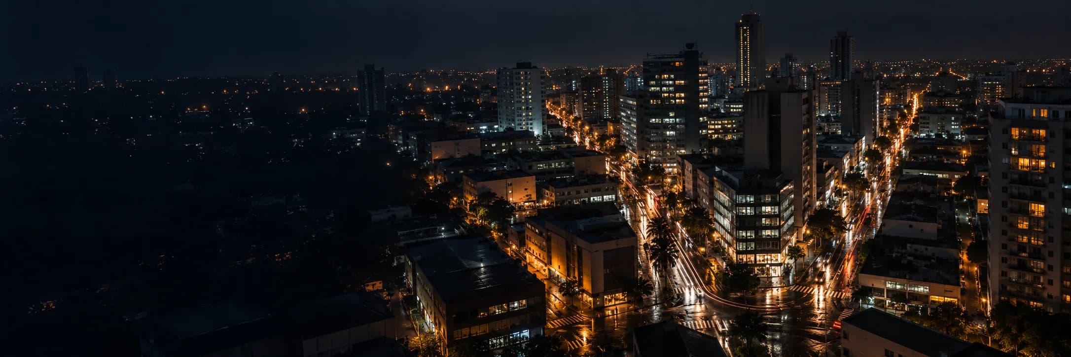 The city at night seen from above, avenues and buildings lit up.